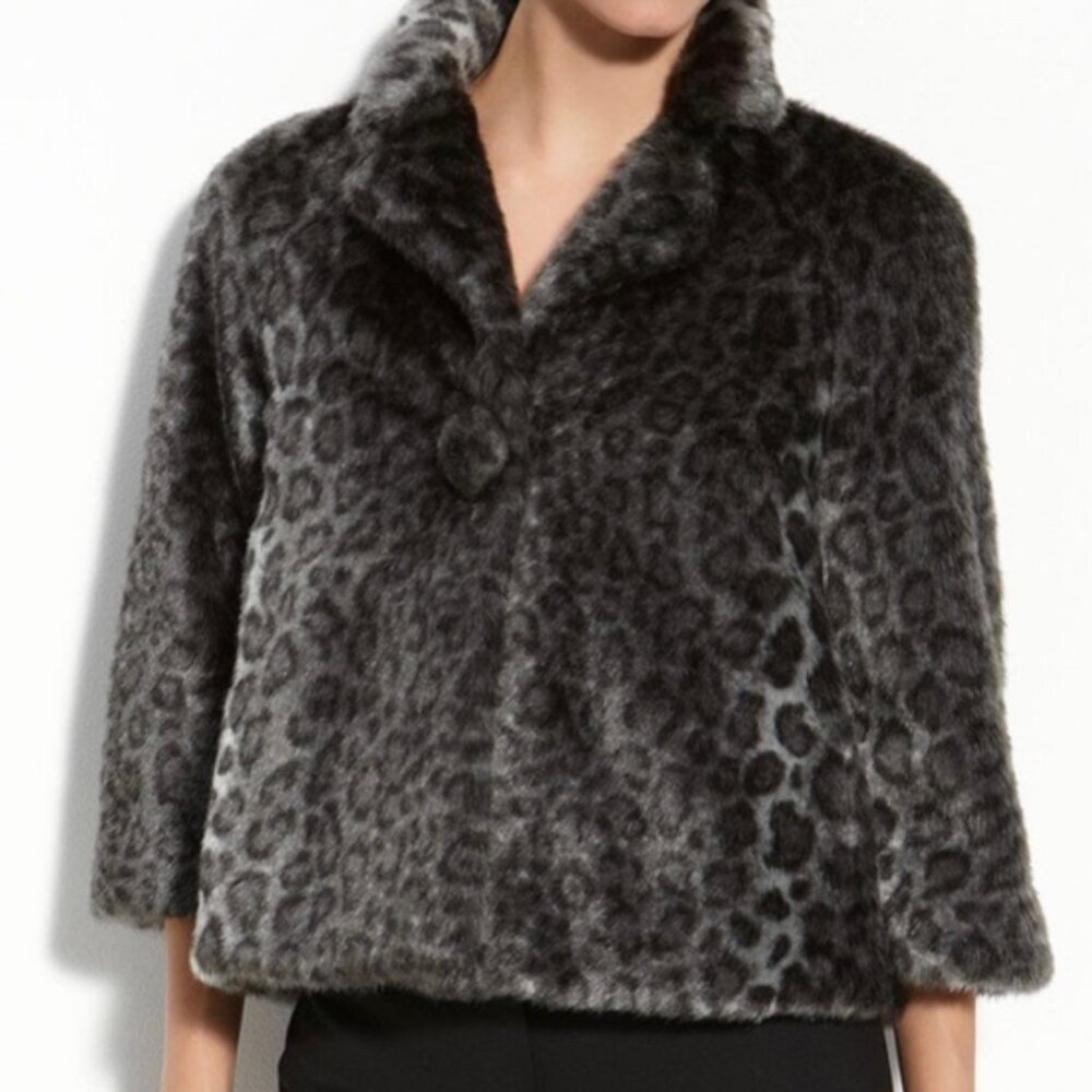 Kate Spade Amelia Faux Fur Coat Jacket Animal Leopard Print Gray Black New Large
